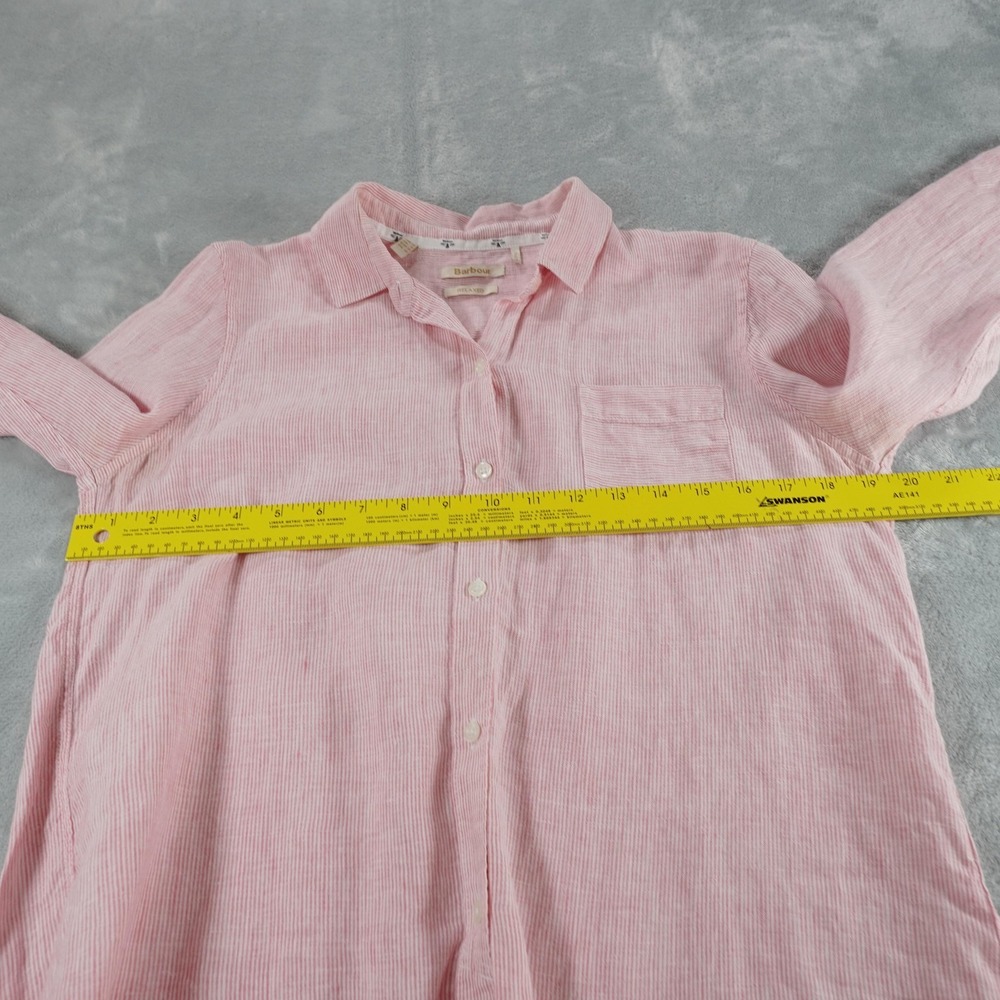 Barbour Linen Button Up Shirt Womens 6 Pink Collared Roll Tab Striped Casual - Picture 7 of 16